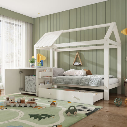 Kinderbett im Blockhaus-Design | 90x200 cm | Nachttisch Schublade | Modernes Hausbett