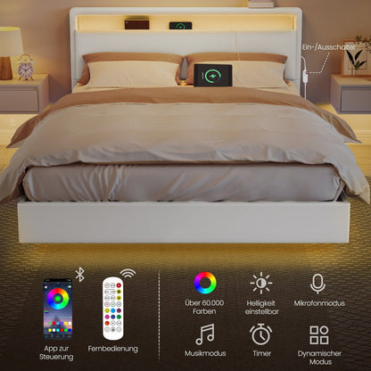 Design-Polsterbett 140x200 cm | Schwebendes Design mit LED-Ambiente | Hohes Kopfteil mit Ladestation