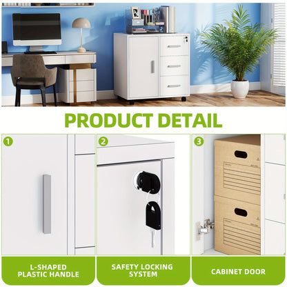 Mobiler Rollcontainer in Weiß | Abschließbarer Büroschrank (57 X 40cm) | 3 Schubladen & Druckablage | 4 leichtgängige Rollen | Minimalistischer Stil