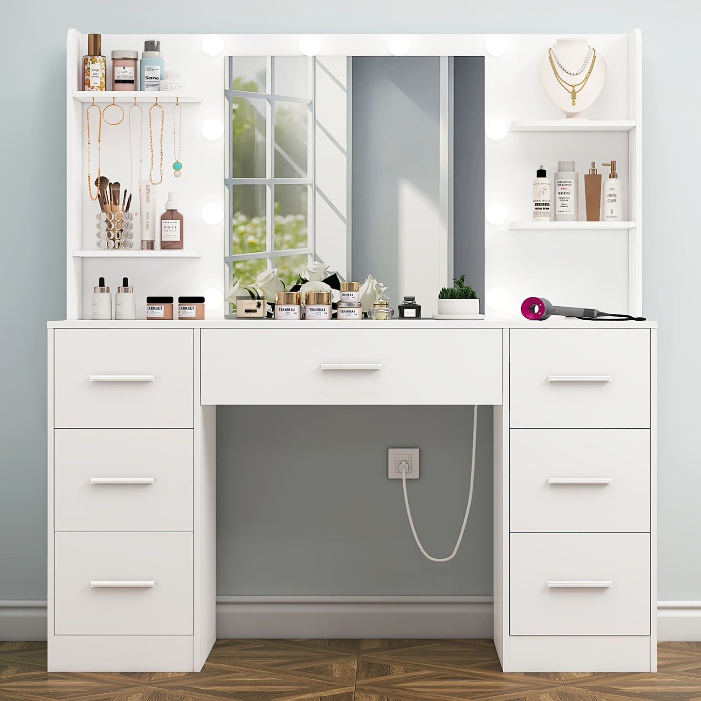 Luxus XXL-Schminktisch | LED-Beleuchtung & Integrierte Steckdose | 7 Schubladen, 4 Regale & 5 Haken | Maximale Organisation für Schlafzimmer & Bad