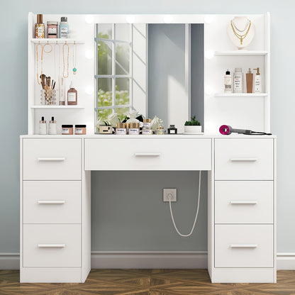Luxus XXL-Schminktisch | LED-Beleuchtung & Integrierte Steckdose | 7 Schubladen, 4 Regale & 5 Haken | Maximale Organisation für Schlafzimmer & Bad