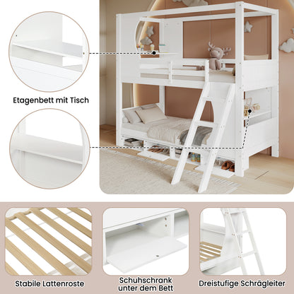 All-in-One Loftbett 90x200 cm | Integrierter Schreibtisch & 4-Fach Schuhschrank | Schräge Stauraum-Treppe | Cream-Style Design | Ideal für kleine Apartments
