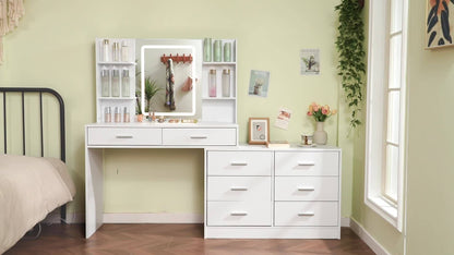 Luxus Eck-Schminktisch Weiß | LED-Spiegel mit Touch-Steuerung | Integrierte Steckdosen & USB | 8 Schubladen | Das ideale Weihnachtsgeschenk