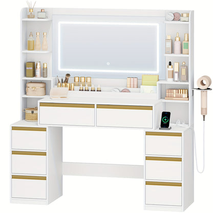 Moderner Schminktisch in Weiß | Großer Spiegel & 8 Schubladen | Inkl. Föhnhalter & Schmuck-Organizer | 135 X 145,2 cm