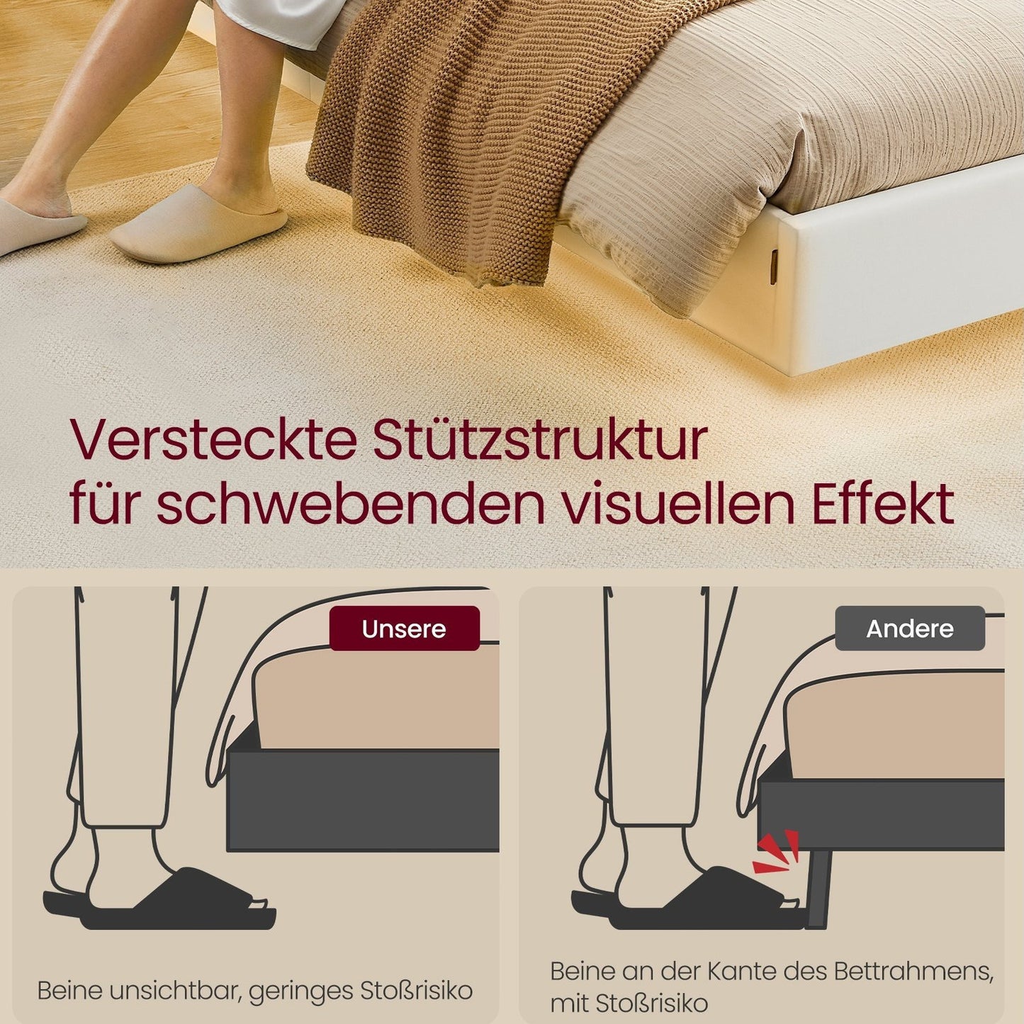 Design-Polsterbett 140x200 cm | Schwebendes Design mit LED-Ambiente | Hohes Kopfteil mit Ladestation