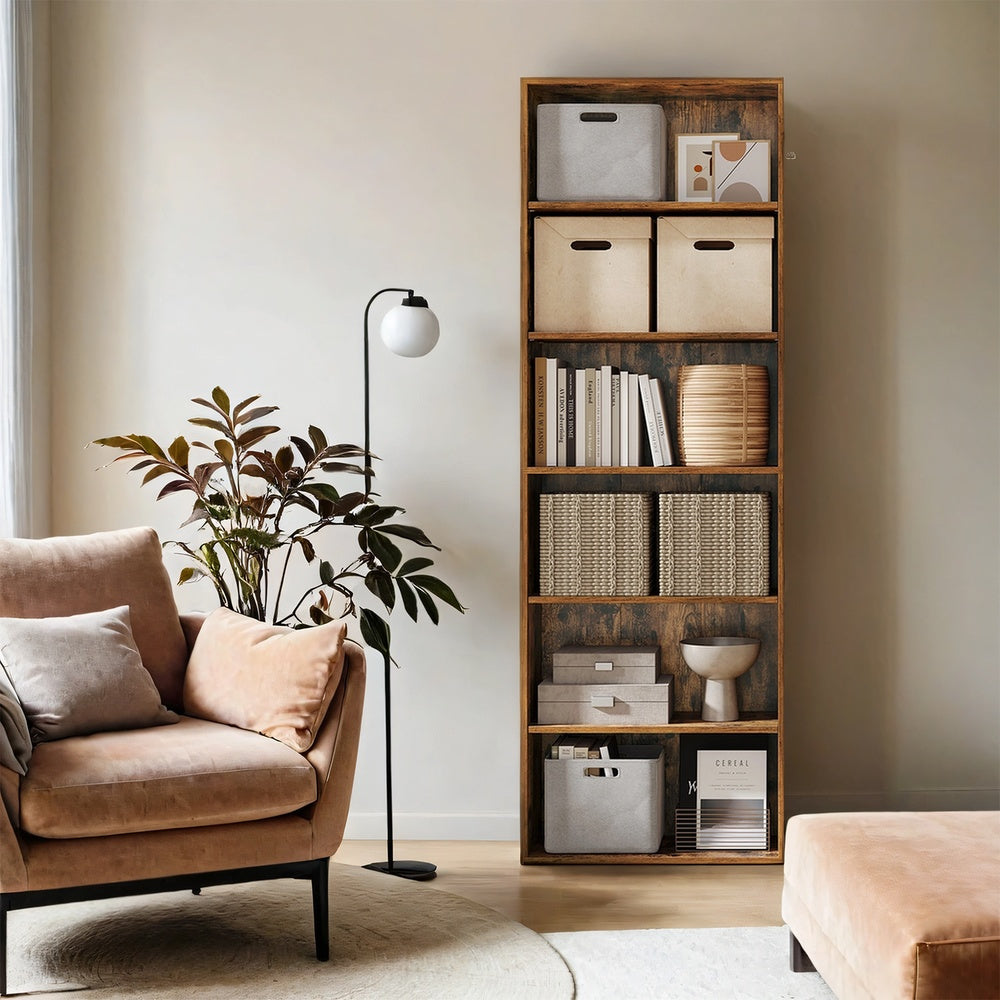 Skandinavisches Standregal mit 6 Ebenen | Schlankes Bücherregal |  Weiß & Naturholz-Optik | 24 X 60 X 178.5 cm