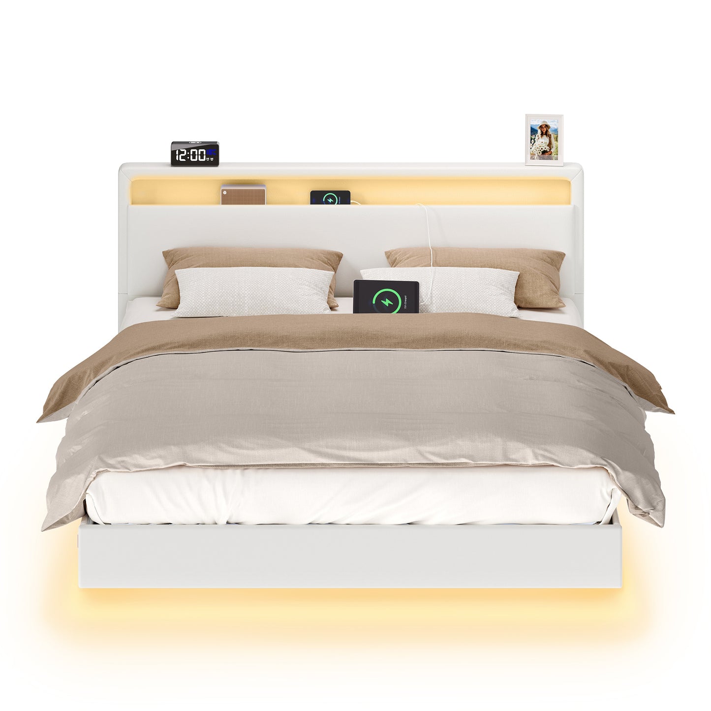 Design-Polsterbett 140x200 cm | Schwebendes Design mit LED-Ambiente | Hohes Kopfteil mit Ladestation