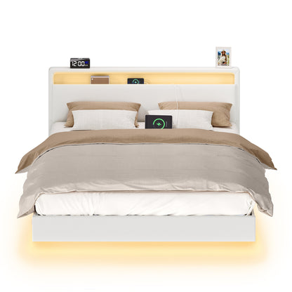 Design-Polsterbett 140x200 cm | Schwebendes Design mit LED-Ambiente | Hohes Kopfteil mit Ladestation