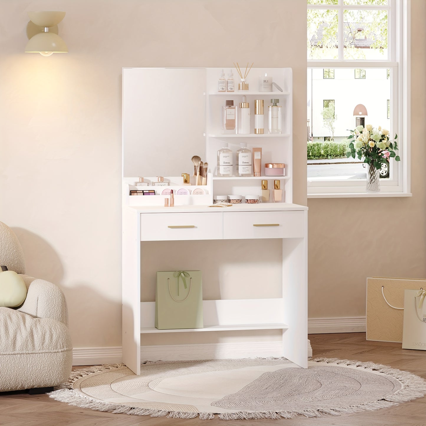 Moderner Schminktisch in Weiß | Kompakte Vanity Unit mit Spiegel | 4 offene Regale & 2 Schubladen | Elegantes Design für Schlaf- & Wohnzimmer