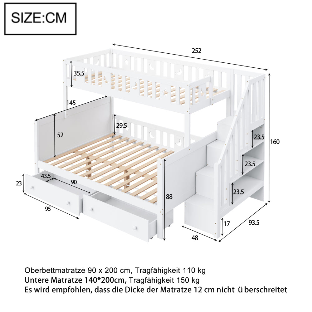 Premium Familien-Etagenbett Weiß | Oben 90x200 & Unten 140x200 cm | Inkl. Sicherheitsleiter & 2 XL-Schubladen