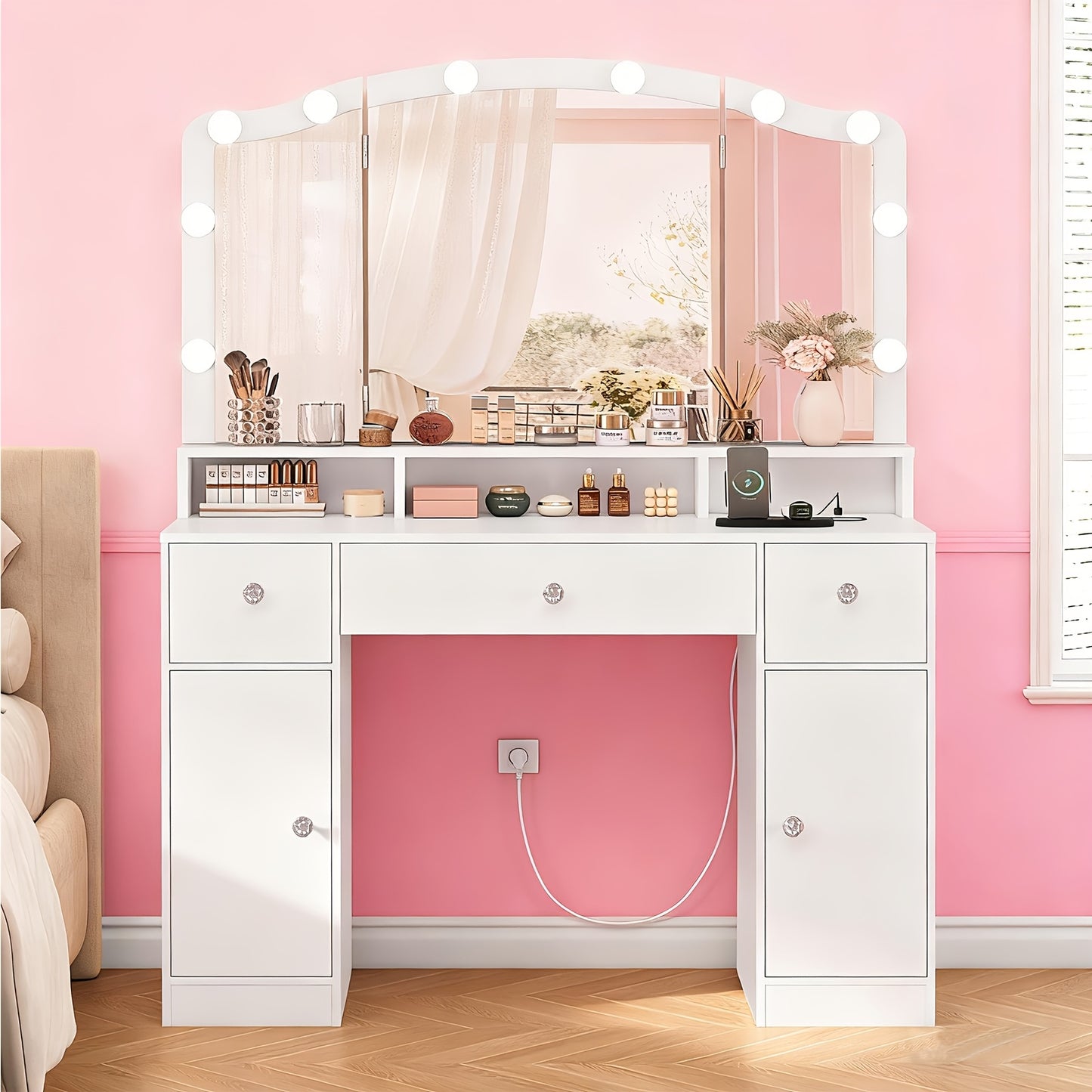 Exklusiver Schminktisch in Weiß | 3-teiliger Faltspiegel | 3 Schubladen & 2 Schränke | Modernes Design für Ihr Schlafzimmer