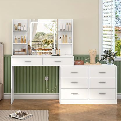 Luxus Eck-Schminktisch Weiß | LED-Spiegel mit Touch-Steuerung | Integrierte Steckdosen & USB | 8 Schubladen | Das ideale Weihnachtsgeschenk