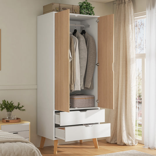 Moderner Design-Kleiderschrank | Weiß & Eiche-Optik | 198 cm Hoch | Inkl. Kleiderstange & 2 Schubladen | Schlankes Raumwunder