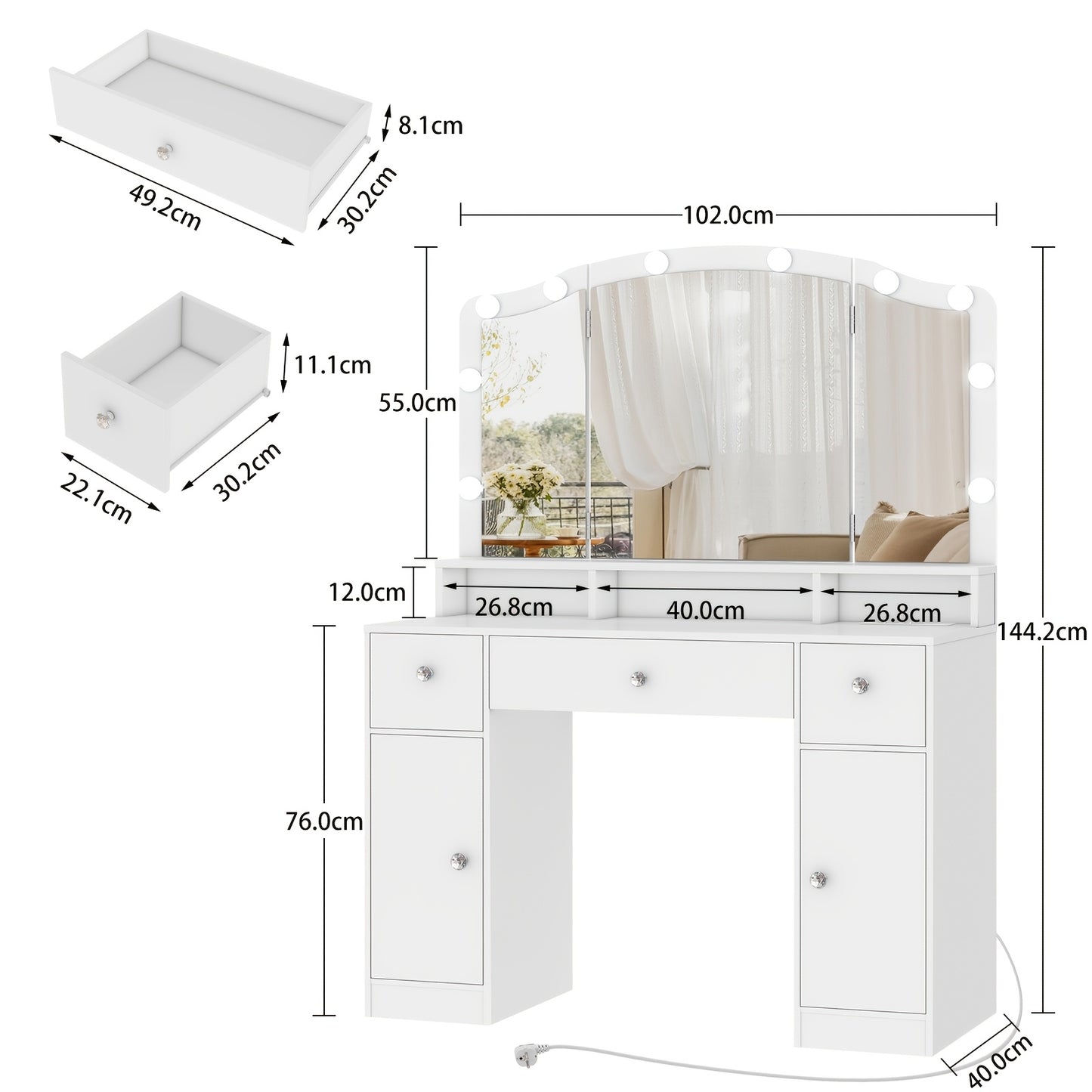 Exklusiver Schminktisch in Weiß | 3-teiliger Faltspiegel | 3 Schubladen & 2 Schränke | Modernes Design für Ihr Schlafzimmer