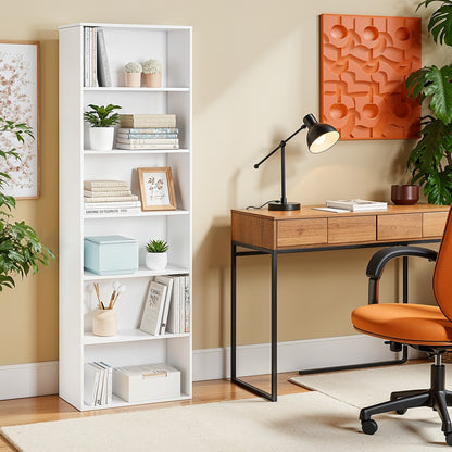 Skandinavisches Standregal mit 6 Ebenen | Schlankes Bücherregal |  Weiß & Naturholz-Optik | 24 X 60 X 178.5 cm