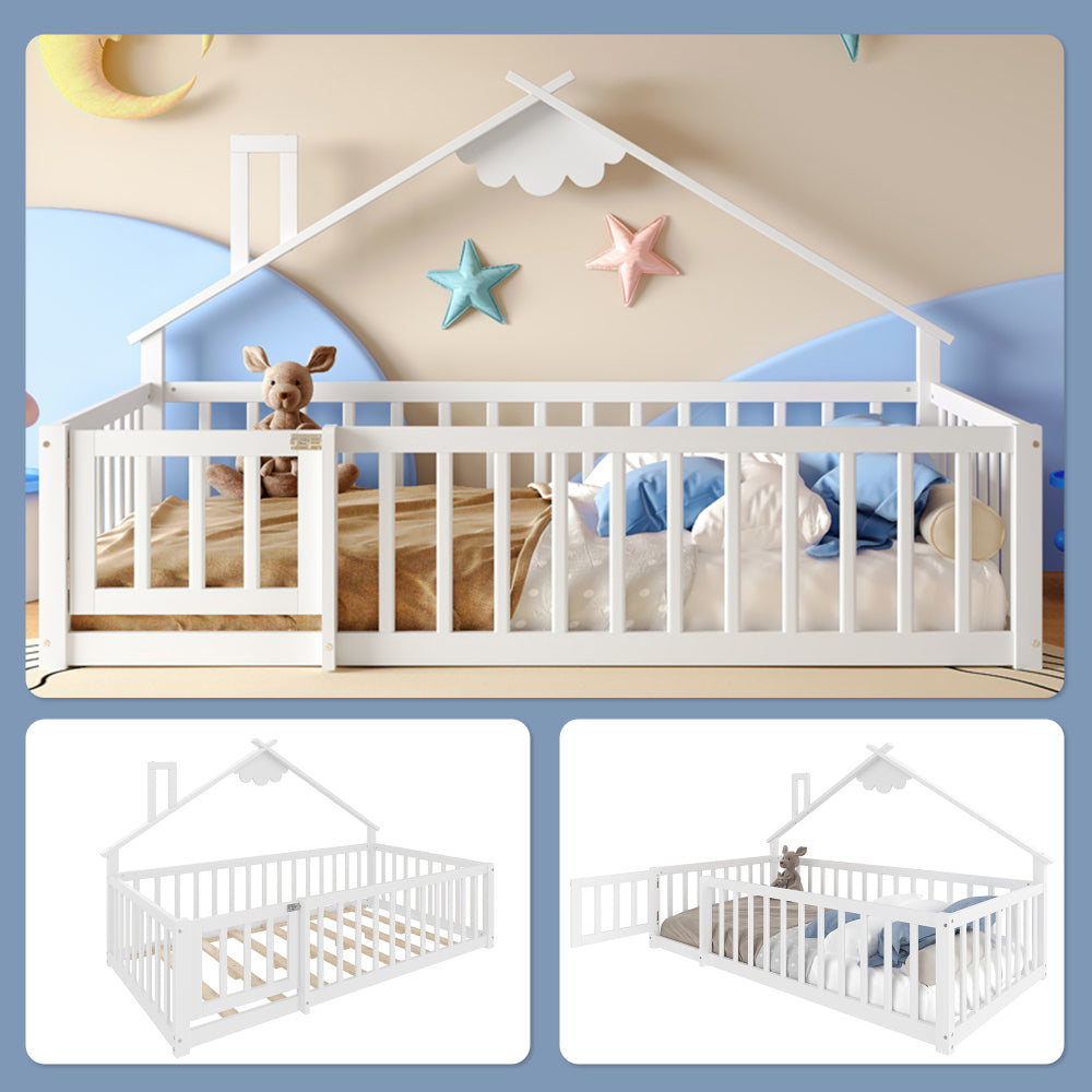 Kinder-Hausbett 90x190 cm | Bodennahes Design mit Rausfallschutz & Tür | Weiß | Modernes Montessori-Bett
