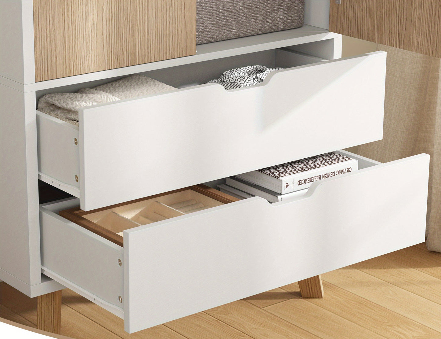 Moderner Design-Kleiderschrank | Weiß & Eiche-Optik | 198 cm Hoch | Inkl. Kleiderstange & 2 Schubladen | Schlankes Raumwunder