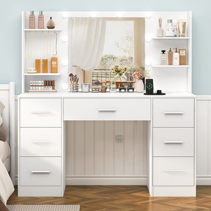 Luxus XXL-Schminktisch | LED-Beleuchtung & Integrierte Steckdose | 7 Schubladen, 4 Regale & 5 Haken | Maximale Organisation für Schlafzimmer & Bad