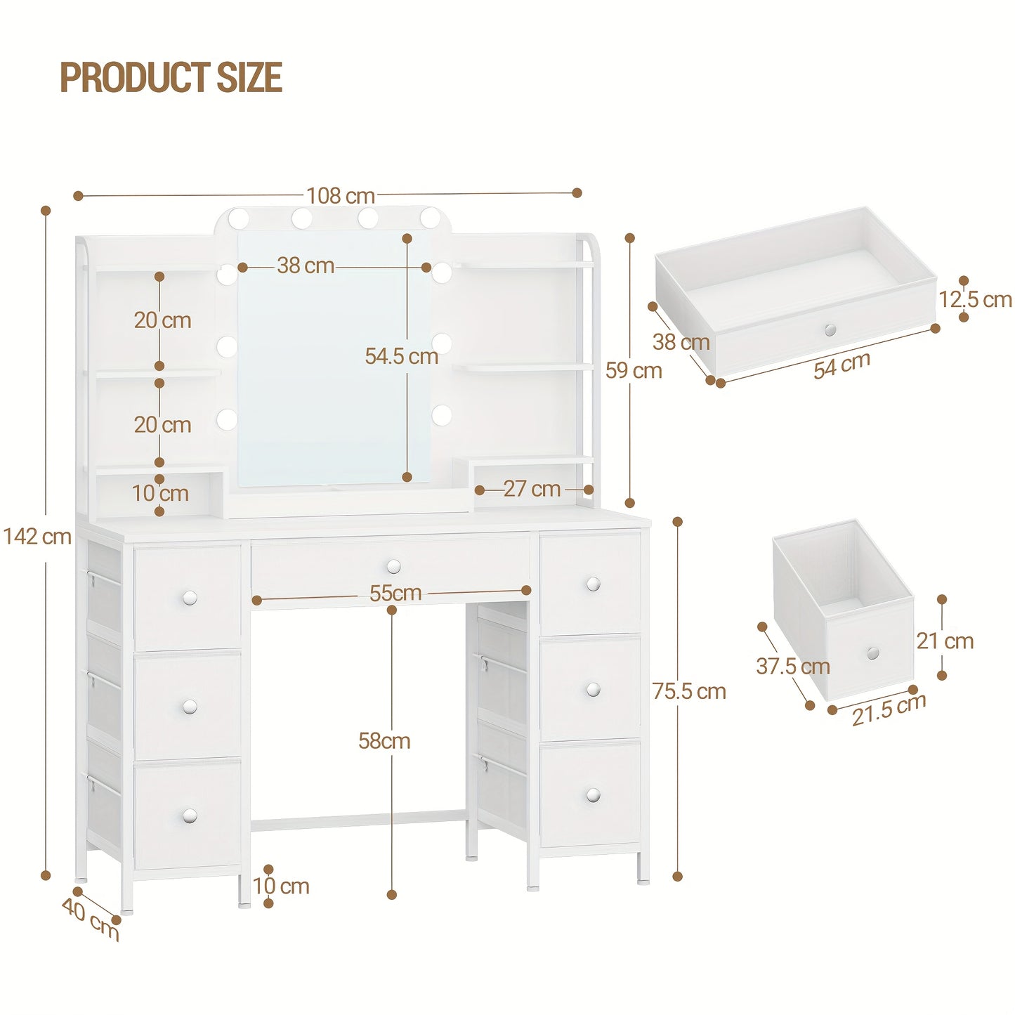 Design-Schminktisch Weiß | Robustes Eisen-Gestell & Stoff-Schubladen | LED-Beleuchtung | Großer HD-Spiegel | 7 Schubladen & 6 Regalfächer