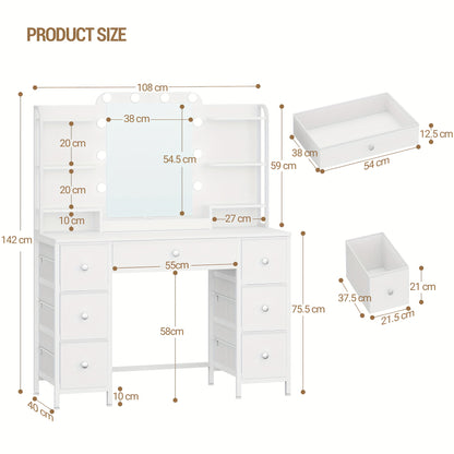 Design-Schminktisch Weiß | Robustes Eisen-Gestell & Stoff-Schubladen | LED-Beleuchtung | Großer HD-Spiegel | 7 Schubladen & 6 Regalfächer