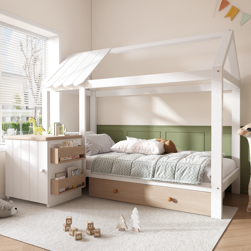 Kinderbett im Blockhaus-Design | 90x200 cm | Nachttisch Schublade | Modernes Hausbett