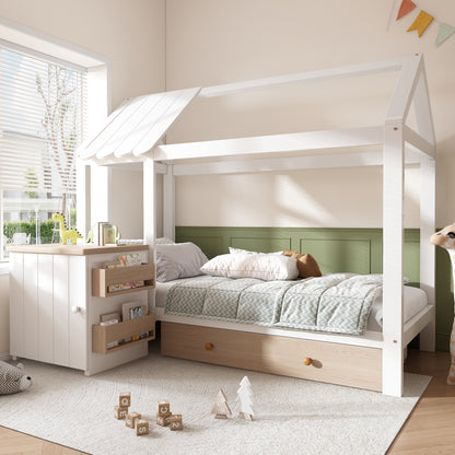Kinderbett im Blockhaus-Design | 90x200 cm | Nachttisch Schublade | Modernes Hausbett